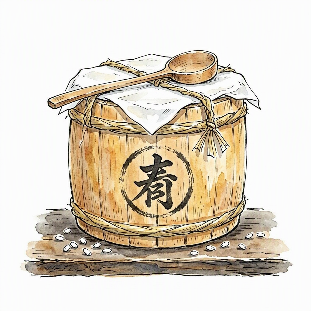 Ink vignette of a wooden sake barrel with a folded white paper lid and a small ladle resting on top