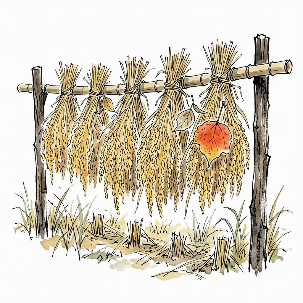 Ink vignette of bundles of golden rice hung upside-down on bamboo poles to dry, a few falling leaves caught on the stalks