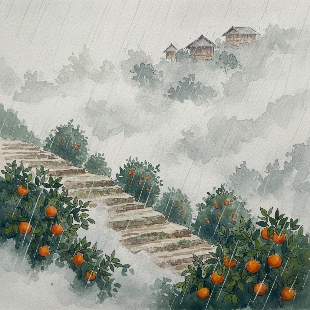 Orange groves on a terraced Khasi hillside under monsoon mist — dark green trees with bright orange fruit, fog threading through the valley below