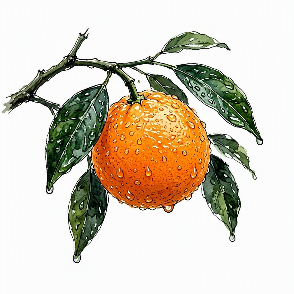 A single Khasi mandarin on a branch, wet with monsoon rain, deep orange peel against dark green leaves and grey sky