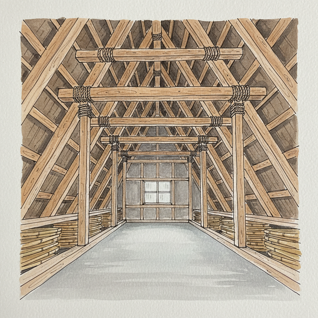 Interior of a gassho-zukuri attic: steep timber beams, rope bindings, bamboo trays, grey light from a high window