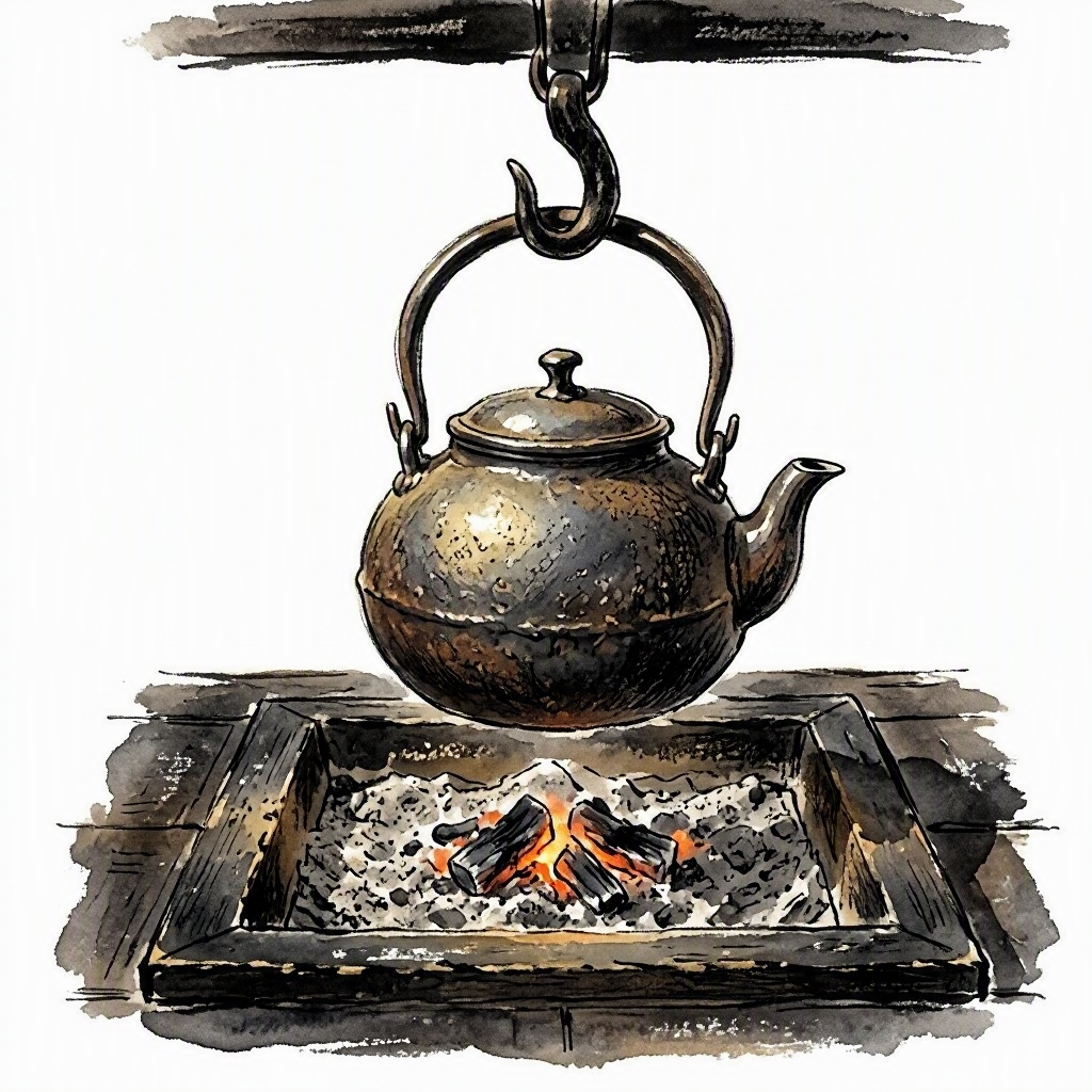 An iron kettle hanging from a hook above an irori hearth, ash below, the dark wood of the floor around it
