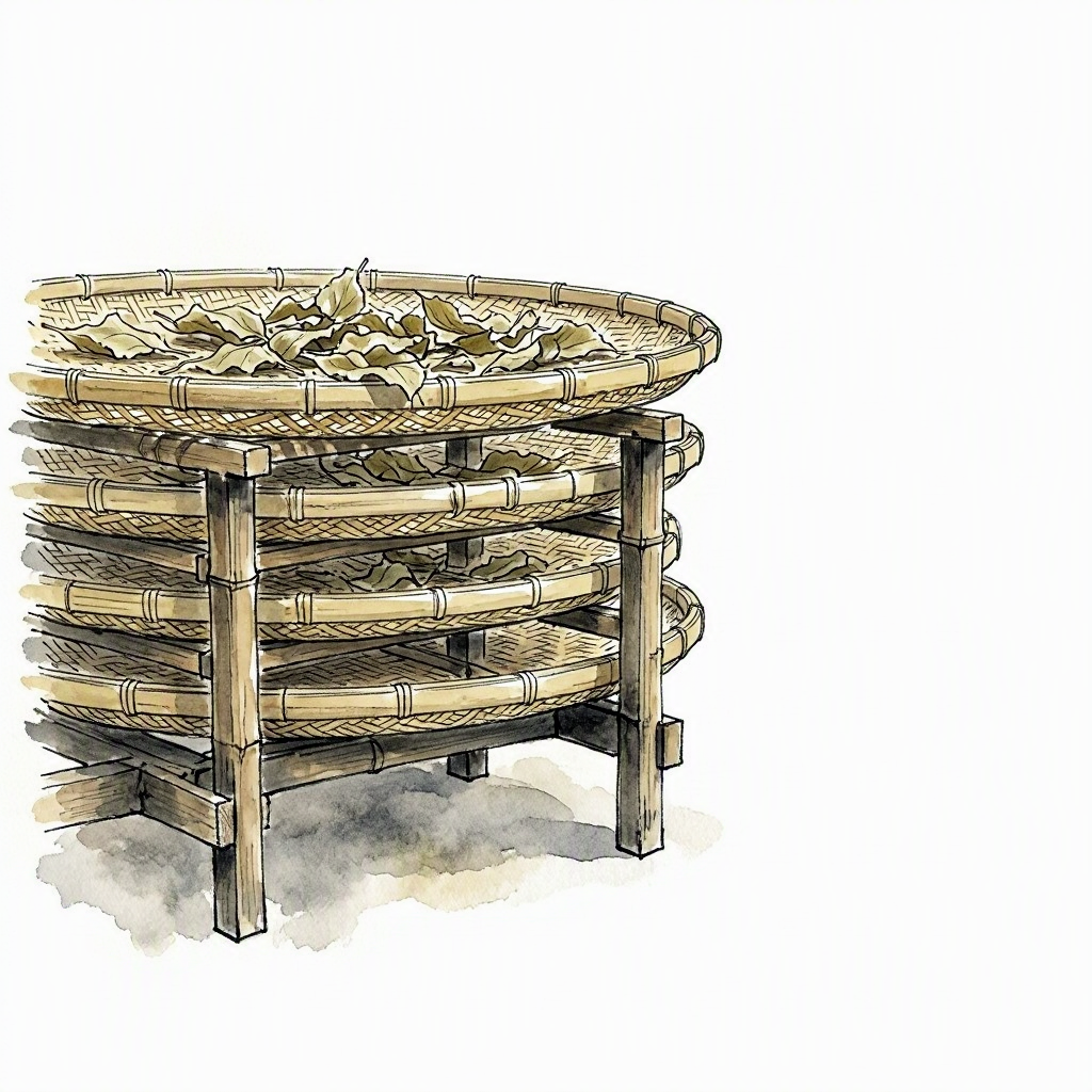 A row of bamboo silkworm trays stacked on a wooden frame in a dim attic