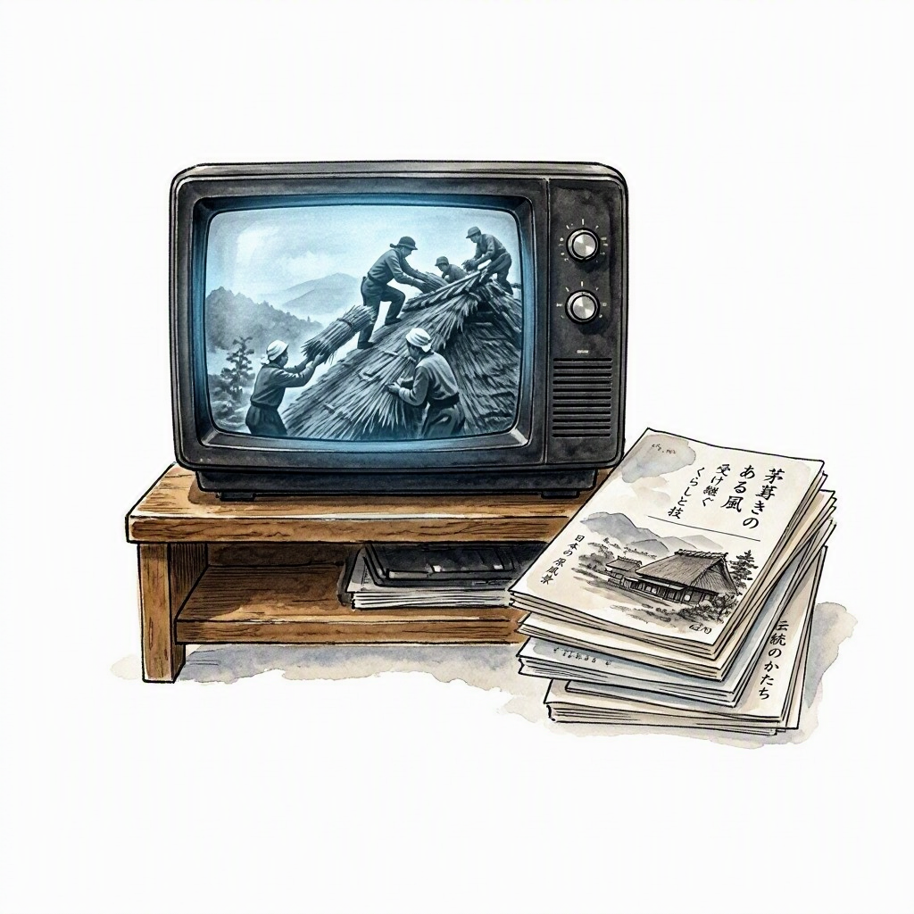 An old CRT television screen showing a video of villagers rethatching a roof, with bundles of kaya grass visible