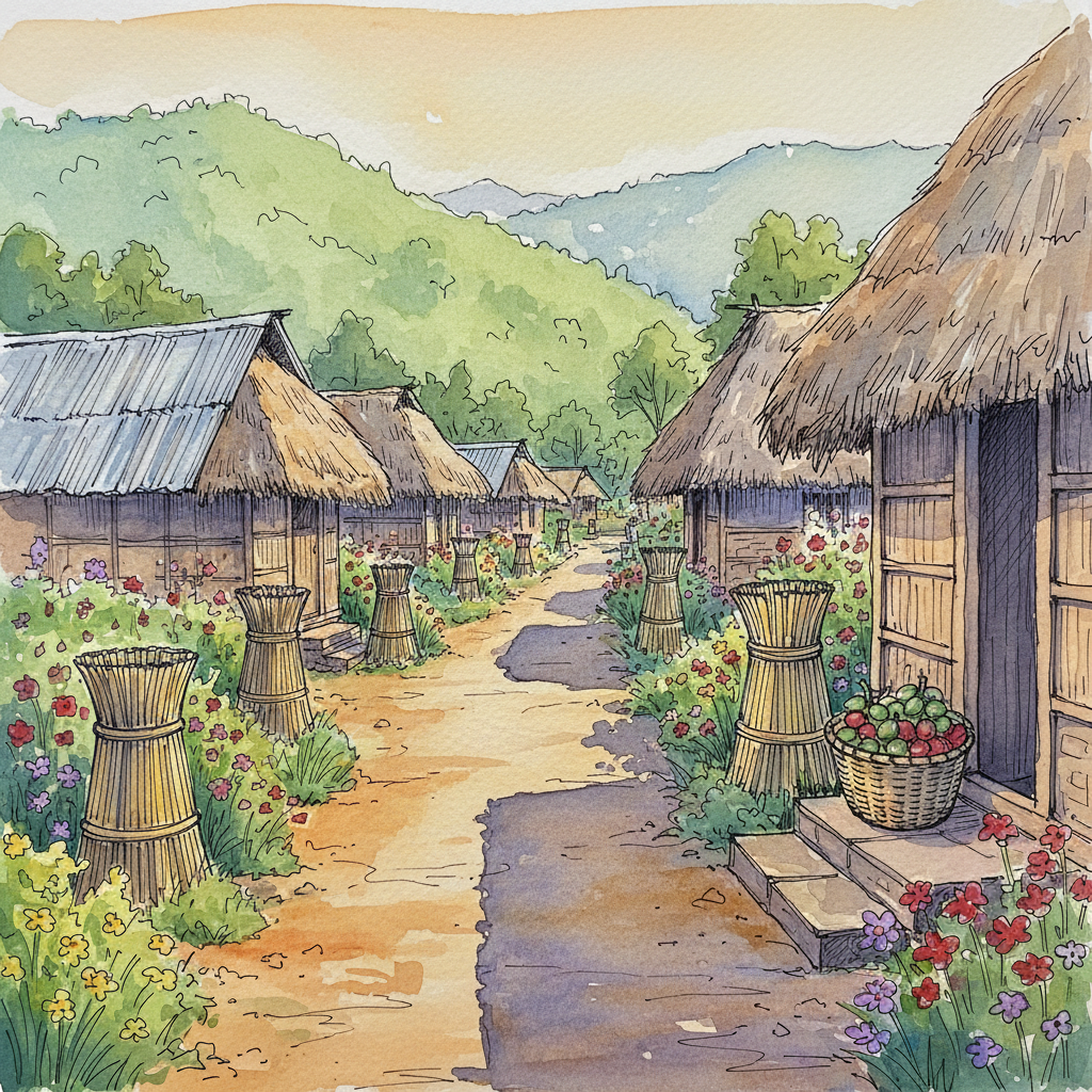 A loose watercolour sketch of Mawlynnong village's main lane — flower-lined path with bamboo dustbins, thatched houses, and a woven bamboo basket on the ground, all in soft greens and warm ochre washes with fineliner outlines