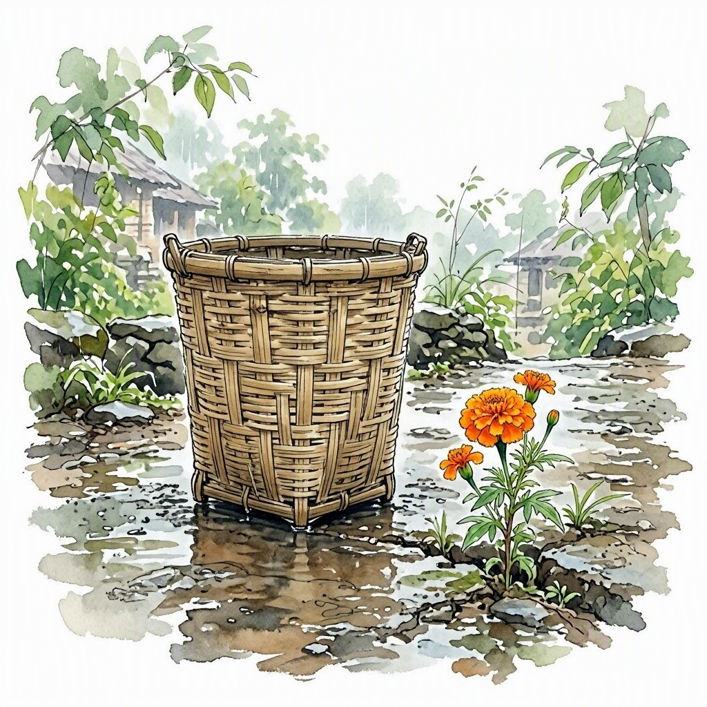 A single bamboo-woven dustbin on a rain-wet lane, a small orange flower growing from a crack beside it, soft green foliage behind — ink and light watercolour wash