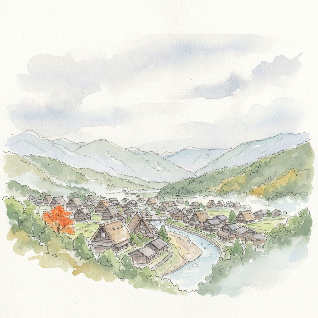 Panoramic watercolour from Shiroyama hill looking down at Shirakawa-go village, gassho roofs clustered in the valley, river through mist, autumn colours beginning on the far mountain slope