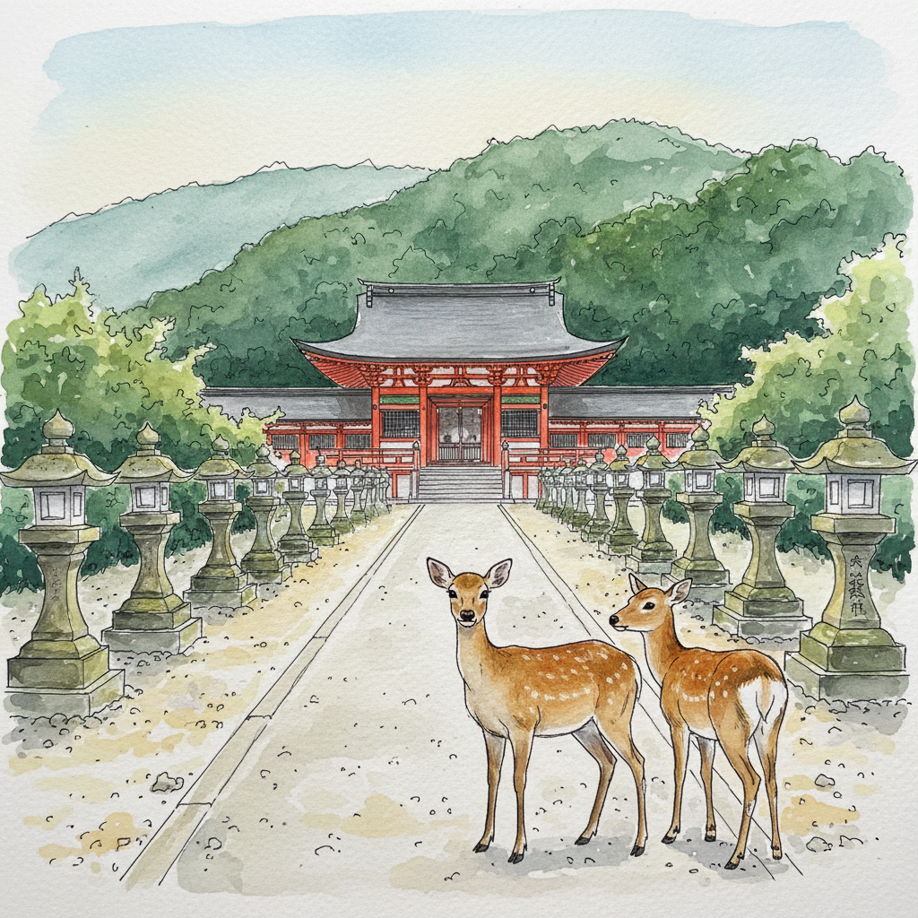 Watercolor sketch of Kasuga Taisha's vermillion shrine buildings with stone lanterns lining the approach path and deer in the foreground