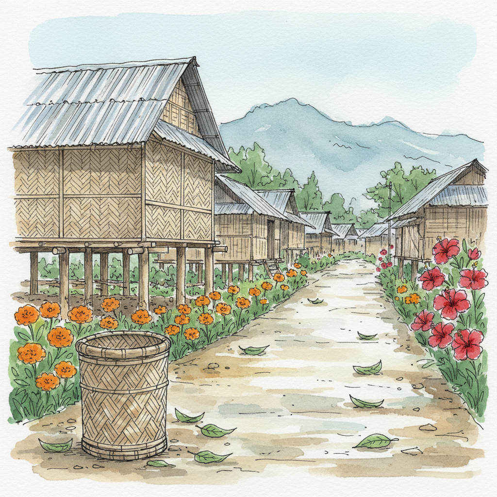 A flower-lined path in Mawlynnong village, with a traditional Khasi bamboo-and-timber house and a woven bamboo dustbin in the foreground, misty hills in the distance
