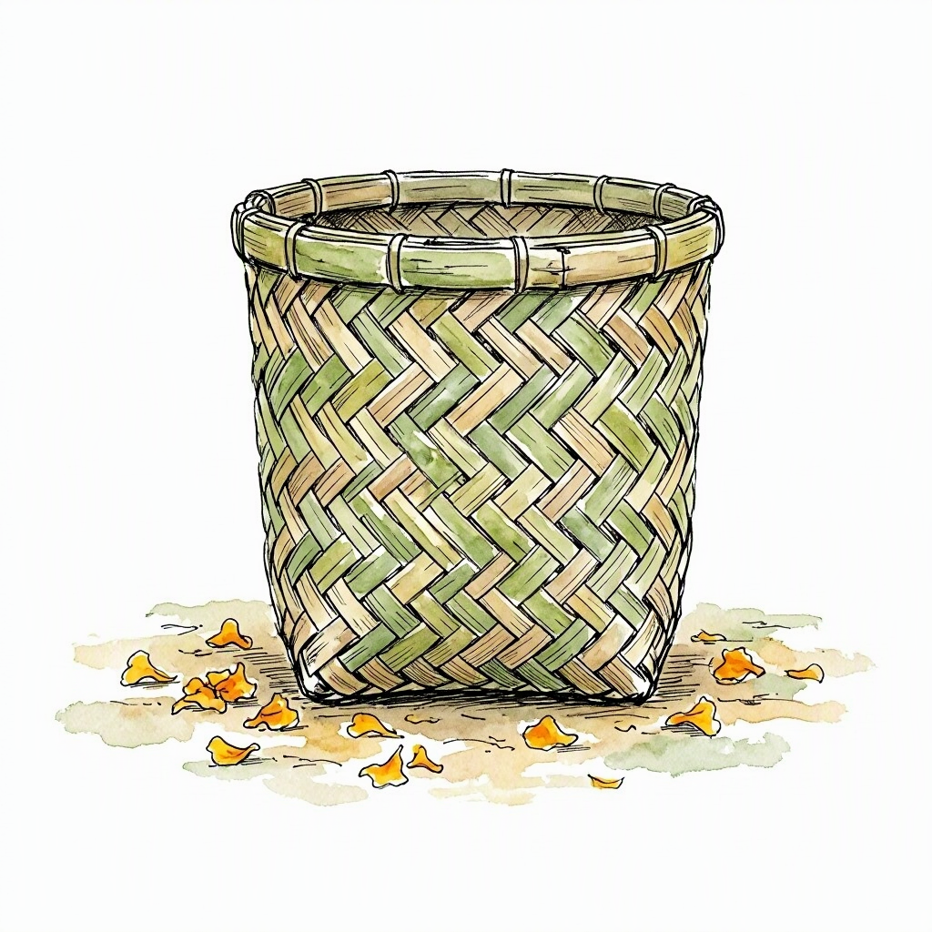 A close-up of a woven bamboo dustbin, the iconic khoh basket used throughout Mawlynnong for waste collection