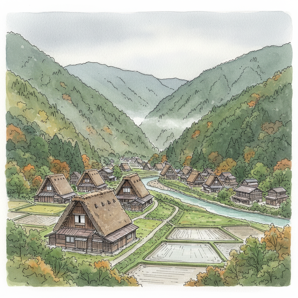 Ainokura village in Gokayama from the hillside — twenty gassho-zukuri farmhouses with steep thatched roofs scattered across a narrow green valley, mountains with the first hints of autumn rising on both sides, mist and low cloud