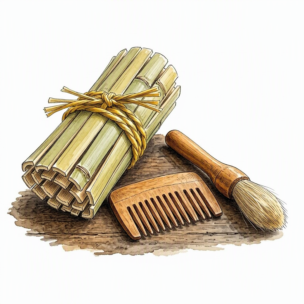 Ink vignette of a small bundle of bamboo strips and straw, with a wooden comb and brush resting on a dark surface — traditional Gokayama craft tools