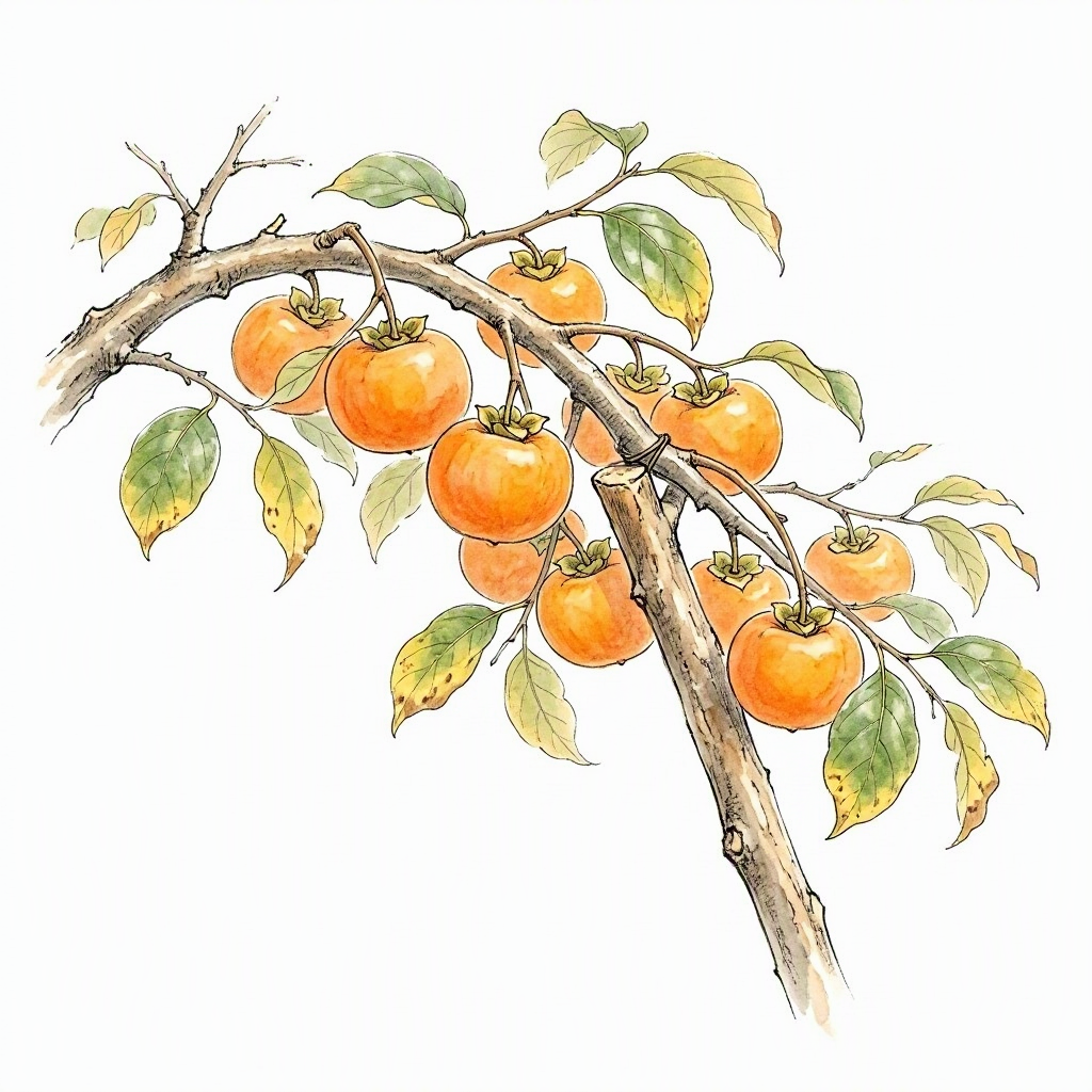 Ink vignette of a persimmon branch heavy with orange fruit, propped up with a wooden pole, a few green persimmons still on the branch