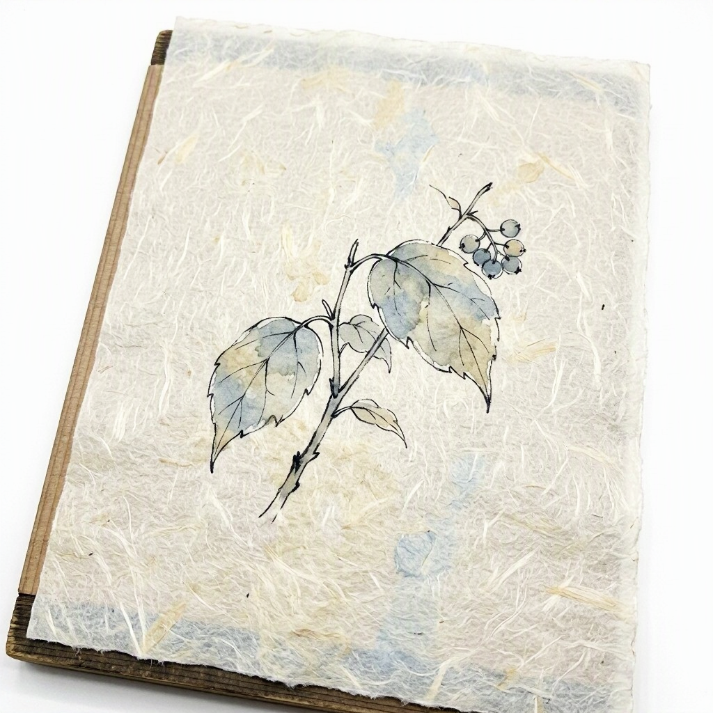 Ink vignette of a sheet of handmade washi paper laid on a wooden drying board, the paper translucent pale white with visible fibers, a wooden frame visible at the edge