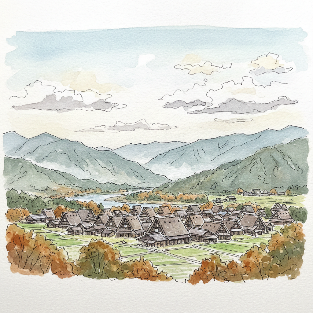 Watercolour sketch from the Ainokura observation point — view over the valley with twenty gassho roofs below, Shogawa River visible through trees, mountains layered in blue-grey