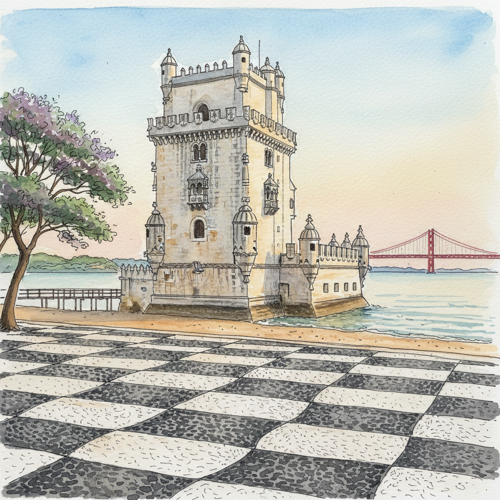 Watercolour of Belém Tower by the Tagus river at golden hour