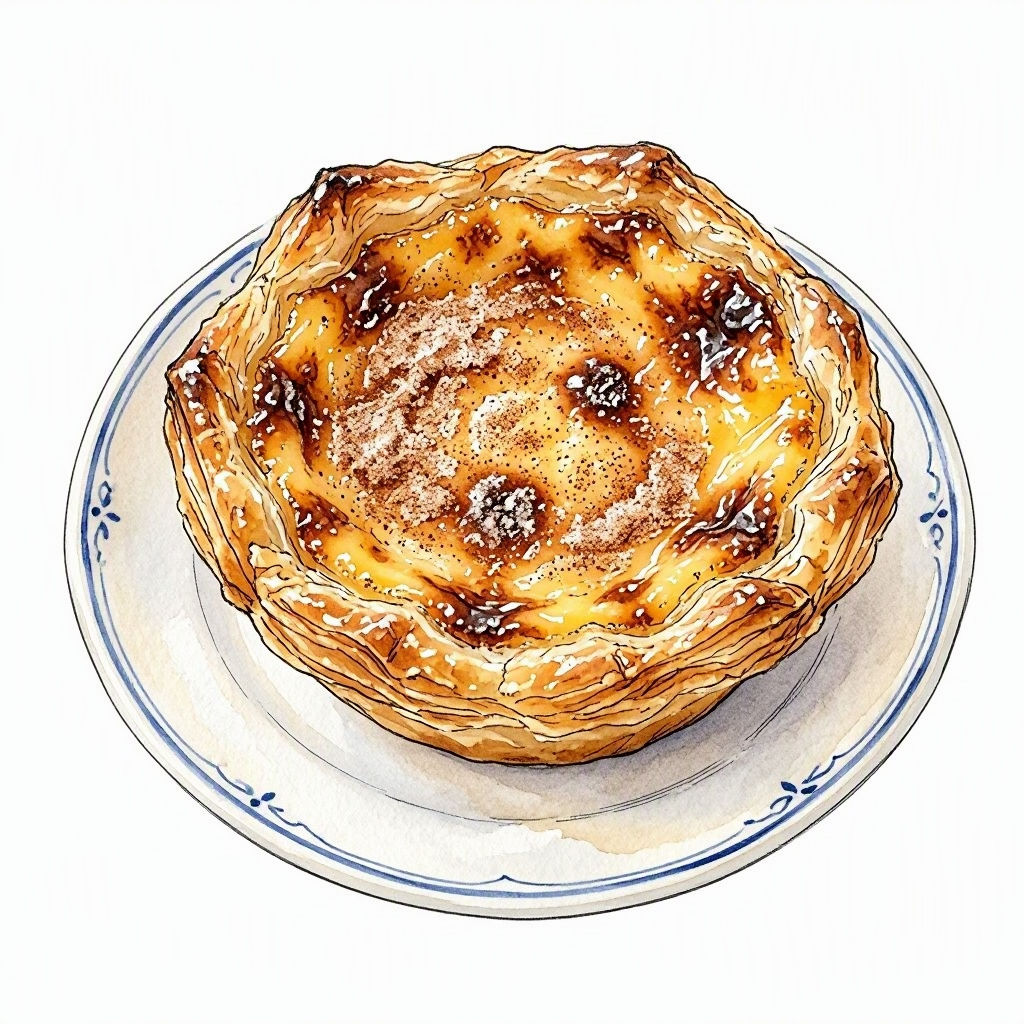 Ink vignette of a pastel de nata custard tart on a plate