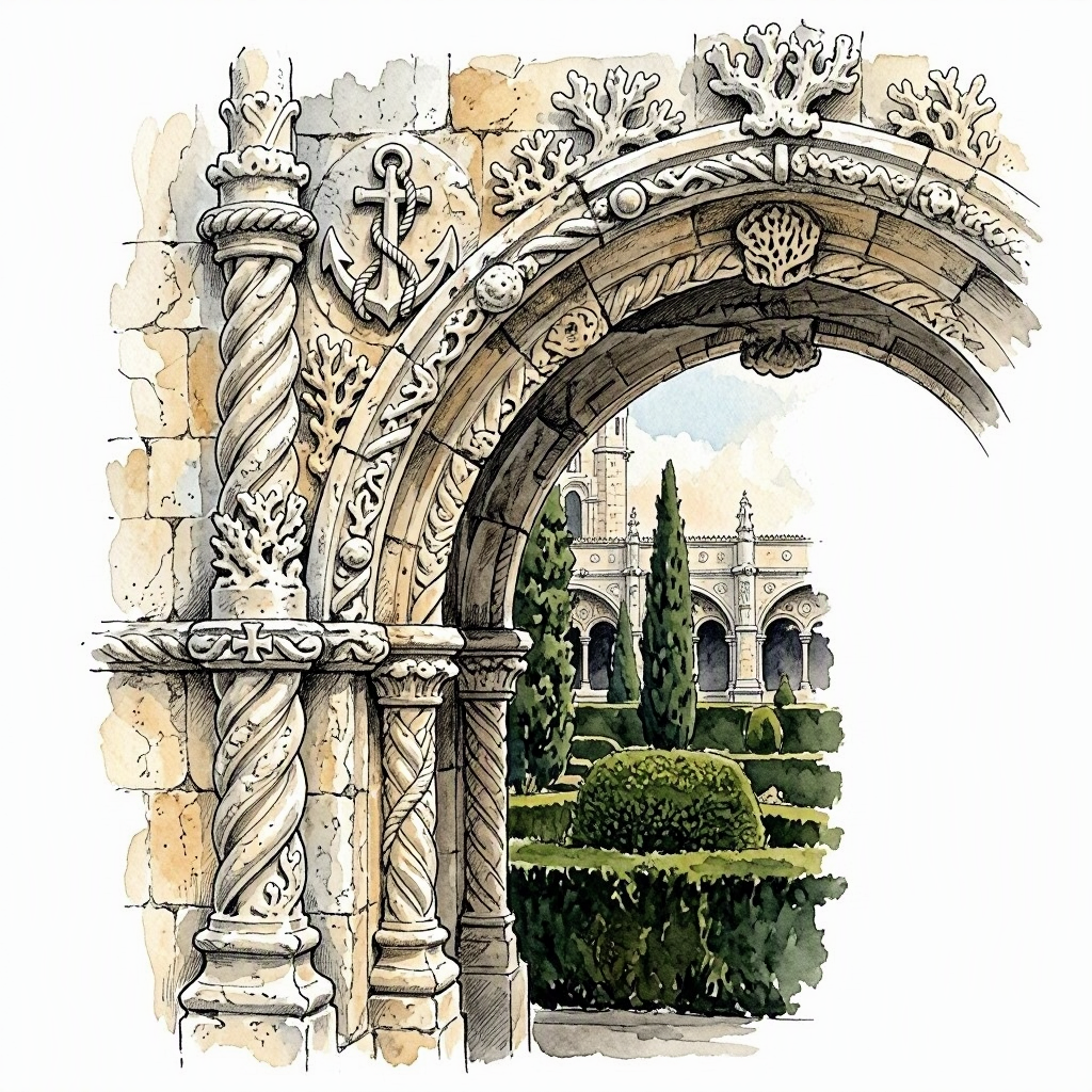Ink vignette of Manueline cloister arch detail at Jerónimos Monastery