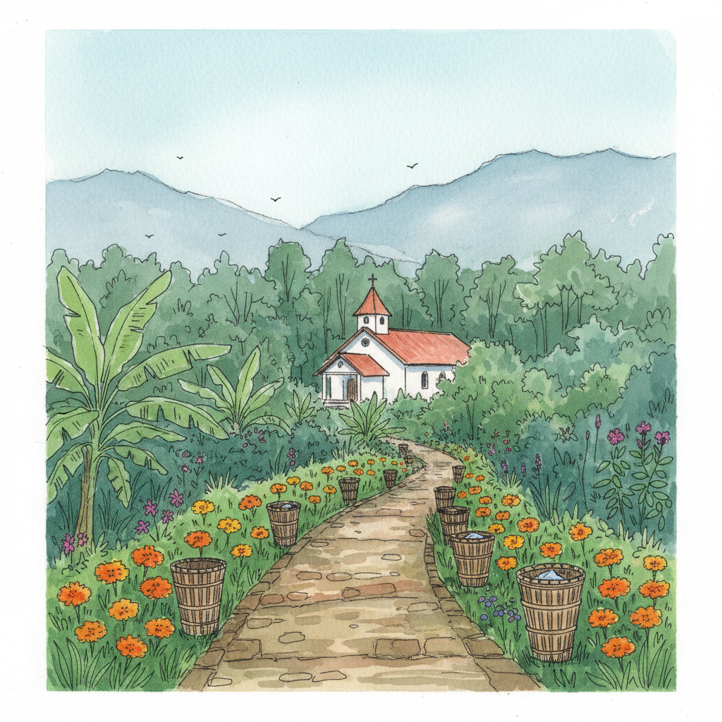 A quiet Sunday morning in Mawlynnong village — an empty flower-lined lane with woven bamboo dustbins, the red-roofed Church of the Epiphany in the distance, misty Khasi hills in the background