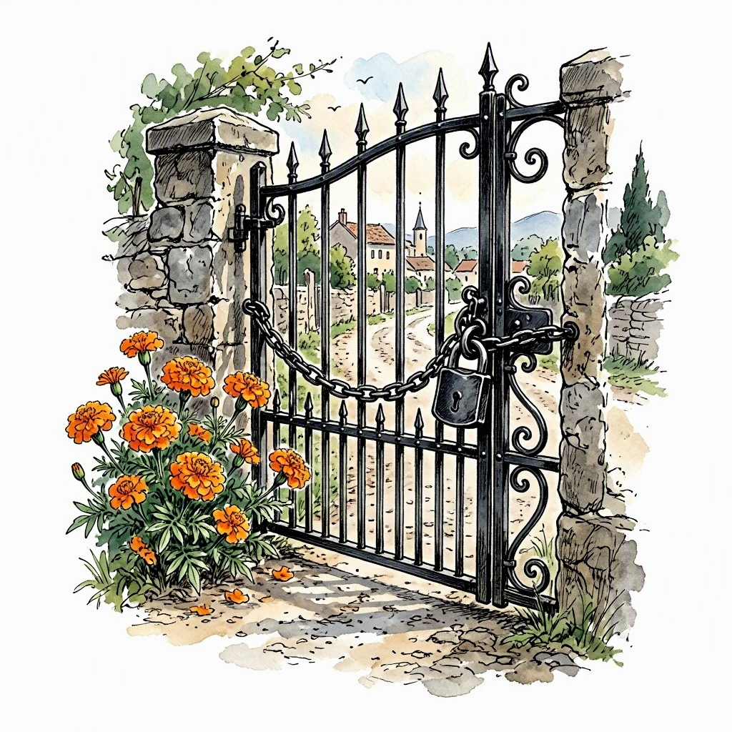 A close-up ink vignette of a black metal gate across a village road, padlocked, with marigolds growing beside it