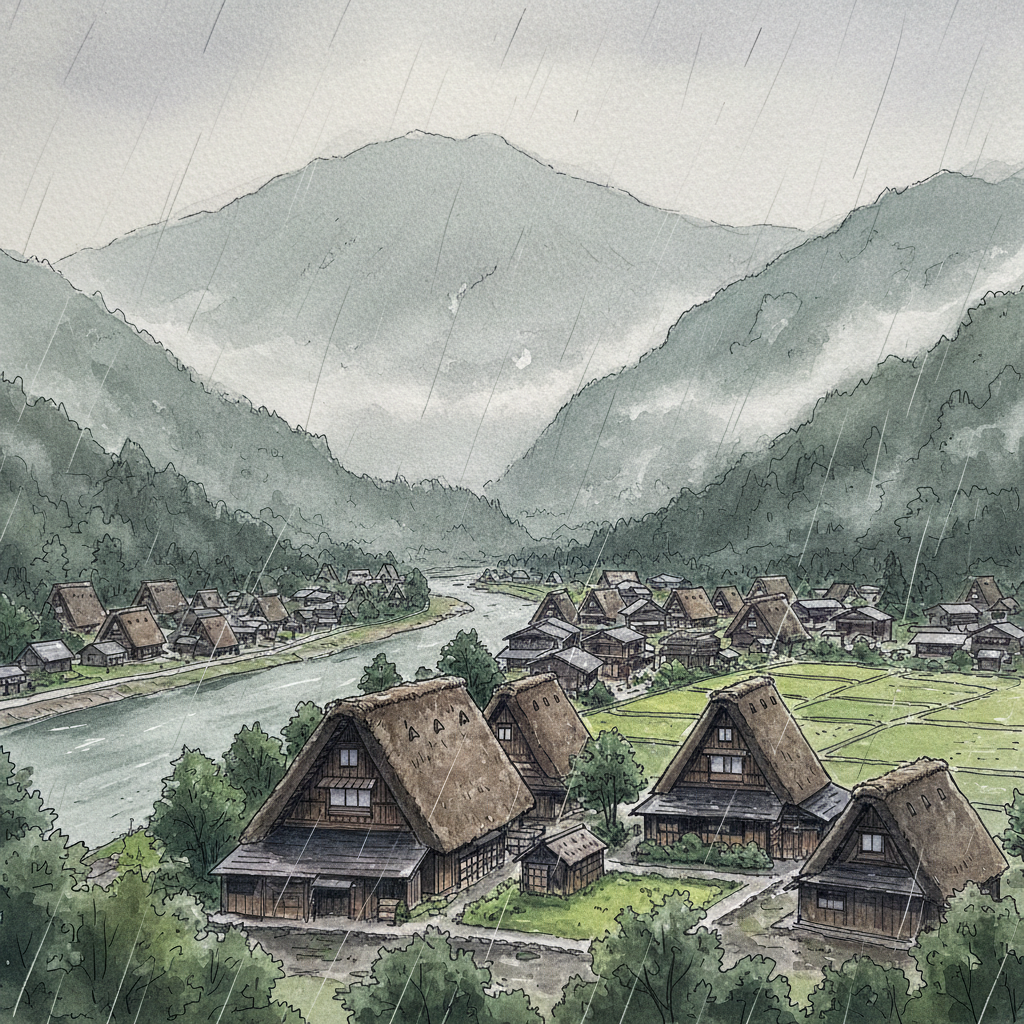 Shirakawa-go village from the Shiroyama Observatory in September rain — gassho roofs clustered in the valley under a grey sky, mountains fading into cloud
