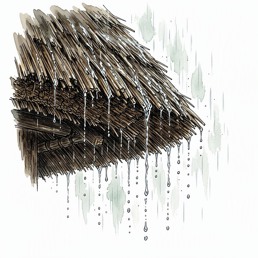 Close-up of a gassho thatch roof edge with rain water streaming off the eaves in thin bright threads