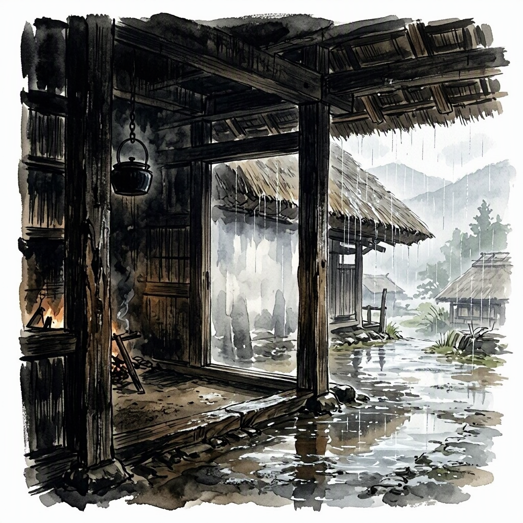 The dark interior of a gassho farmhouse looking out through an open door at the grey rainy day outside