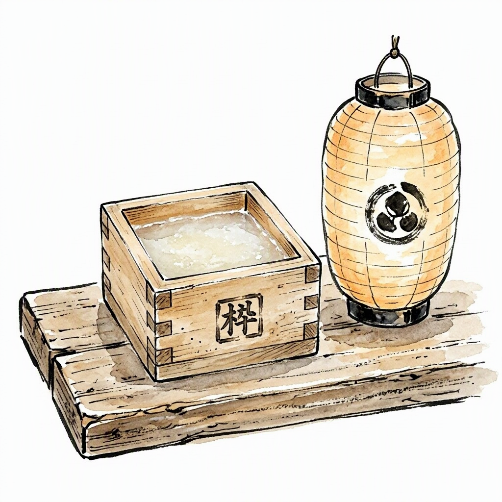 A small wooden cup of doburoku (unrefined sake) on a shrine platform, with a lantern nearby