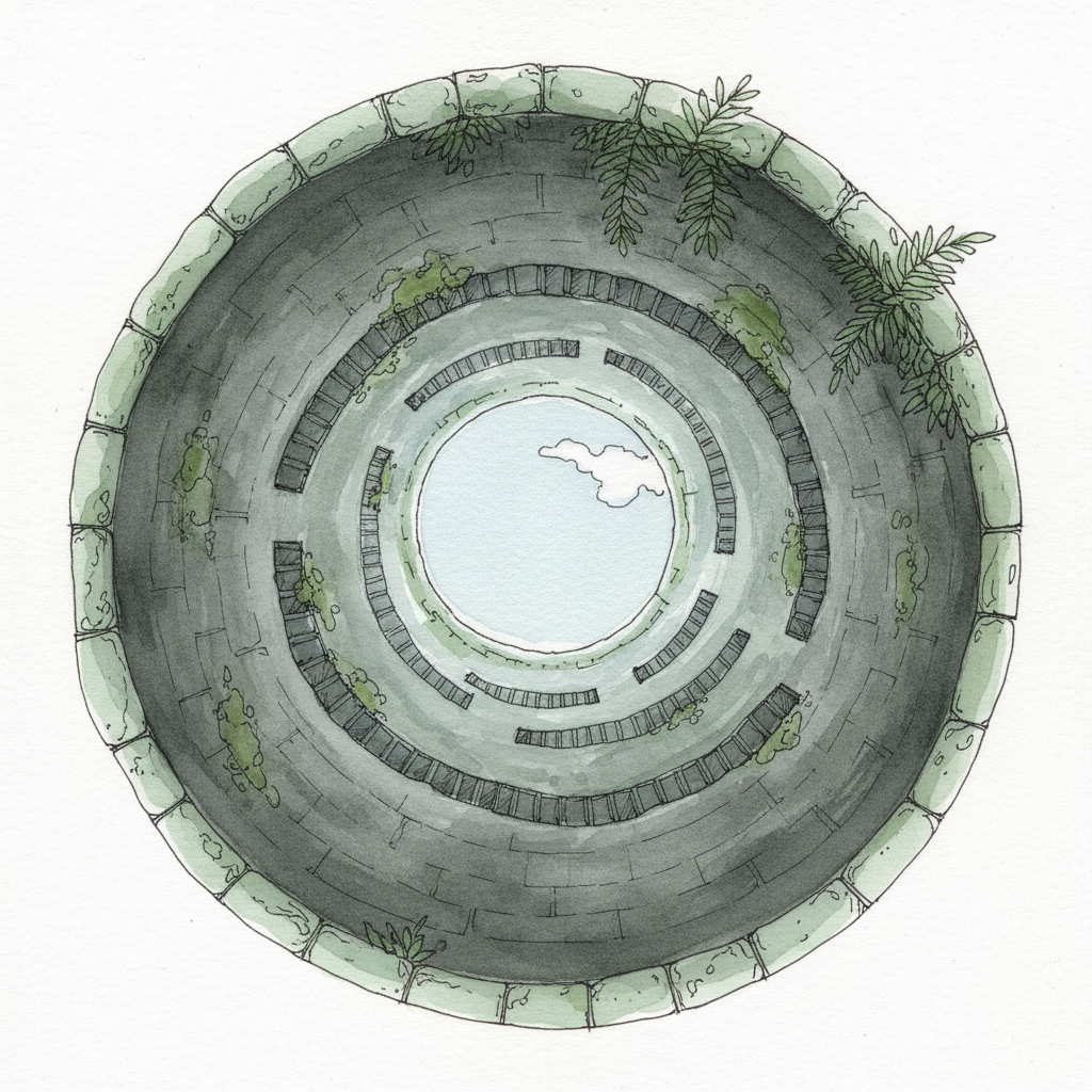 The Initiation Well at Quinta da Regaleira — a stone spiral staircase descending into darkness, with a circle of pale sky visible at the top, surrounded by mossy rock and ferns