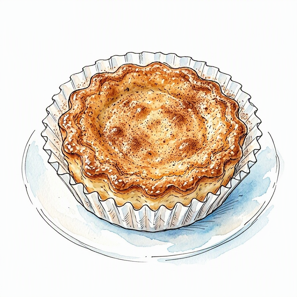 A small white queijada de Sintra pastry on a crinkled paper liner, dusted with cinnamon