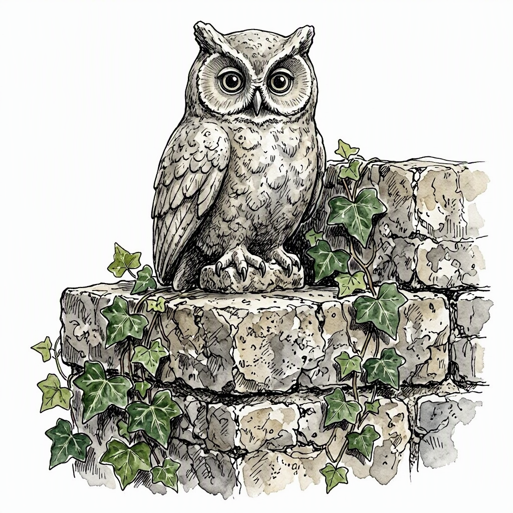 A carved stone owl on a wall at Quinta da Regaleira, half-hidden by ivy
