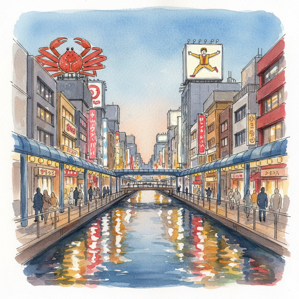 Watercolor sketch of Dotonbori canal at dusk with neon signs reflecting on the water and people walking along the promenade