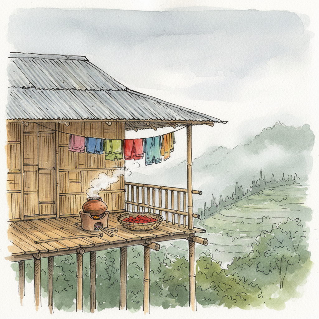 A traditional Khasi bamboo house in Mawlynnong with a clay stove and earthen pots on the veranda, misty hills in the background