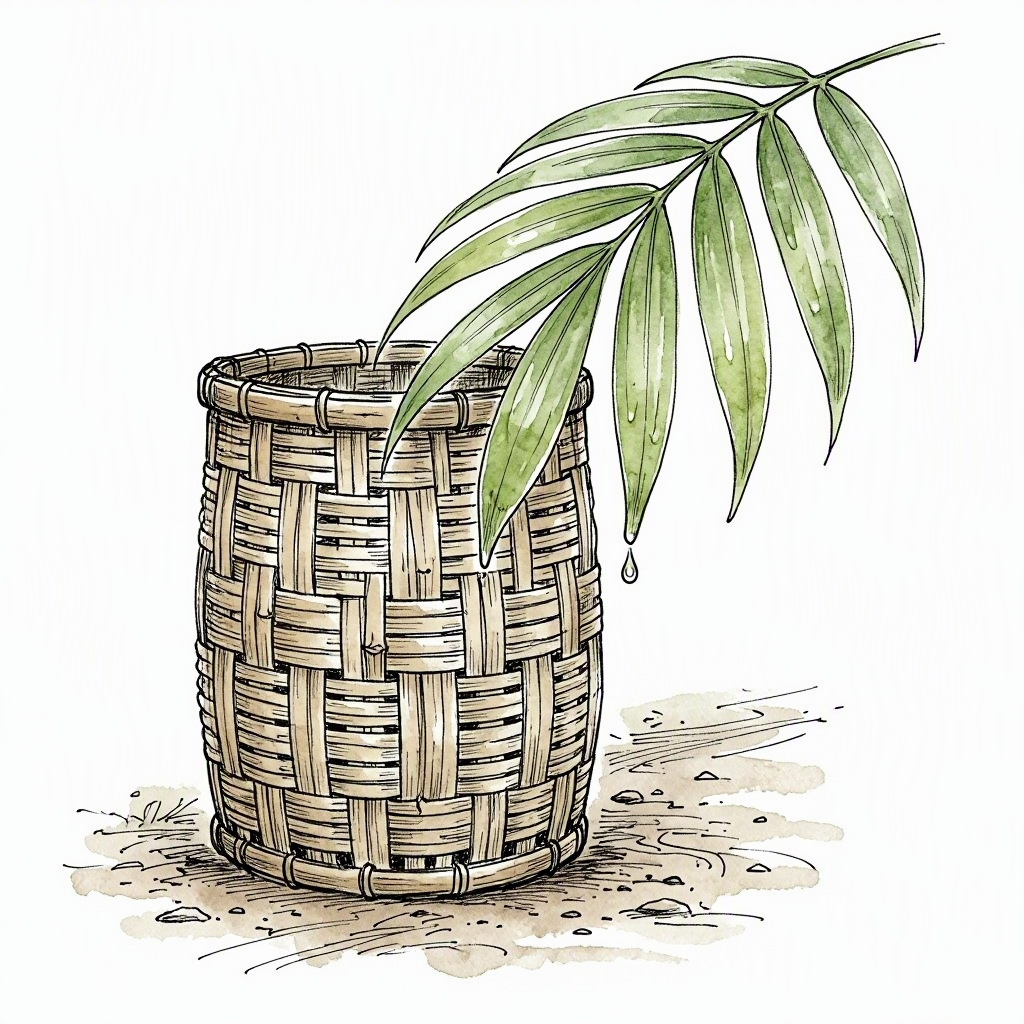A tall handwoven bamboo dustbin beside a village lane in Mawlynnong, standing under a dripping monsoon leaf