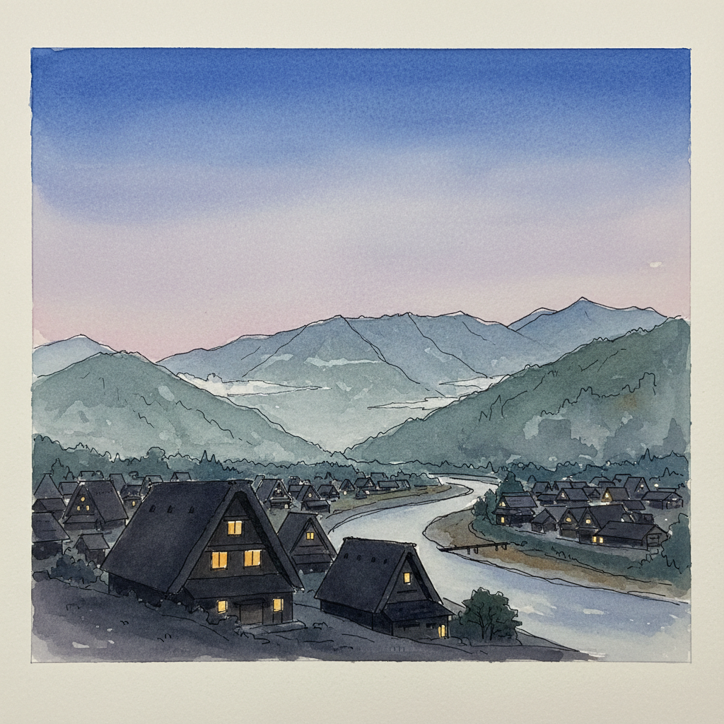 Shirakawa-go at dusk seen from the southern edge of the village looking south — gassho roofs dark silhouettes, the first warm lantern light in a few windows, the Shogawa river catching the last light, the mountains rising into twilight blue beyond