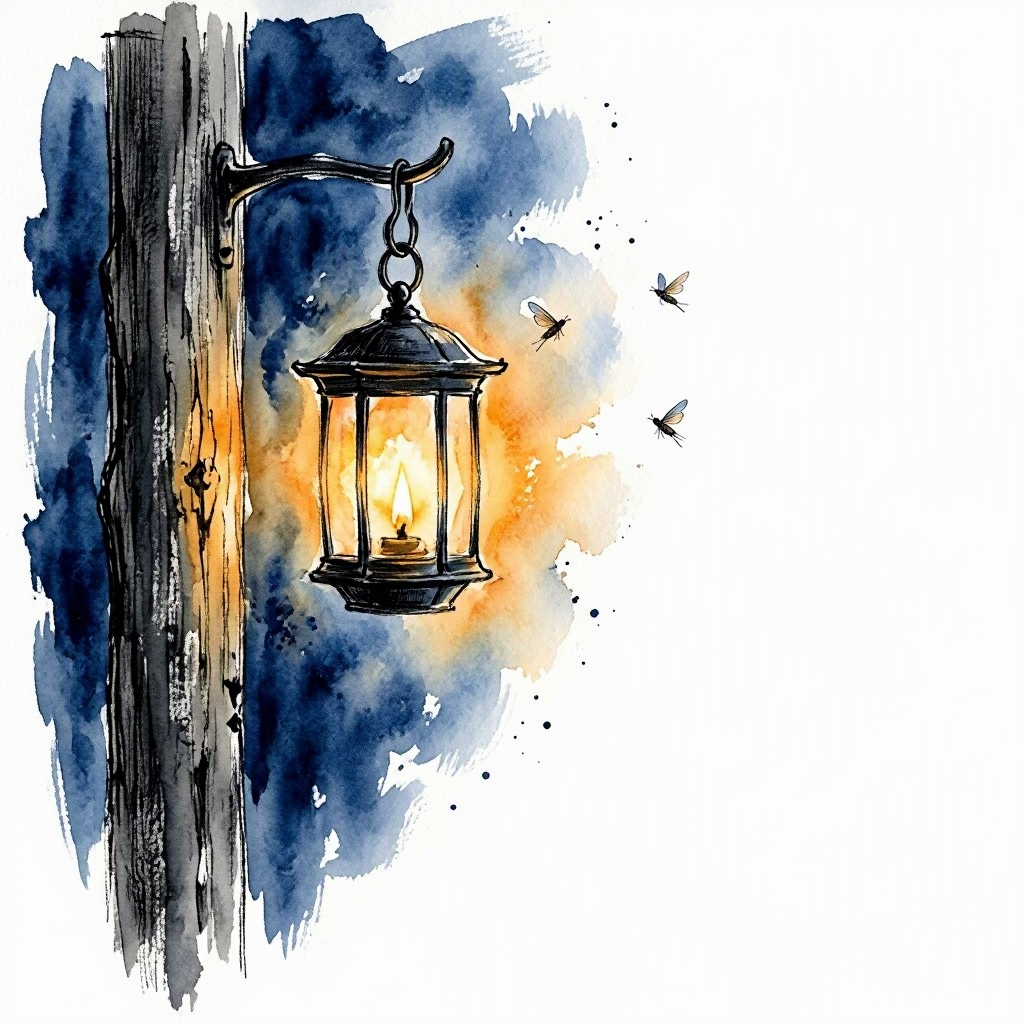 Black iron lantern hanging from a wooden post outside a gassho house at evening, a single warm flame visible through the paper-and-bamboo screen, the post weathered grey, the background dark