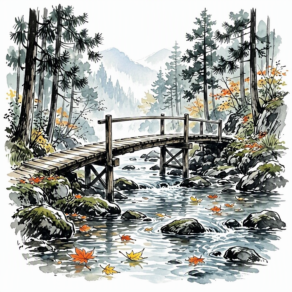 A narrow wooden footbridge over a mountain stream, stepping stones visible in the water, a few orange and yellow autumn leaves floating on the surface