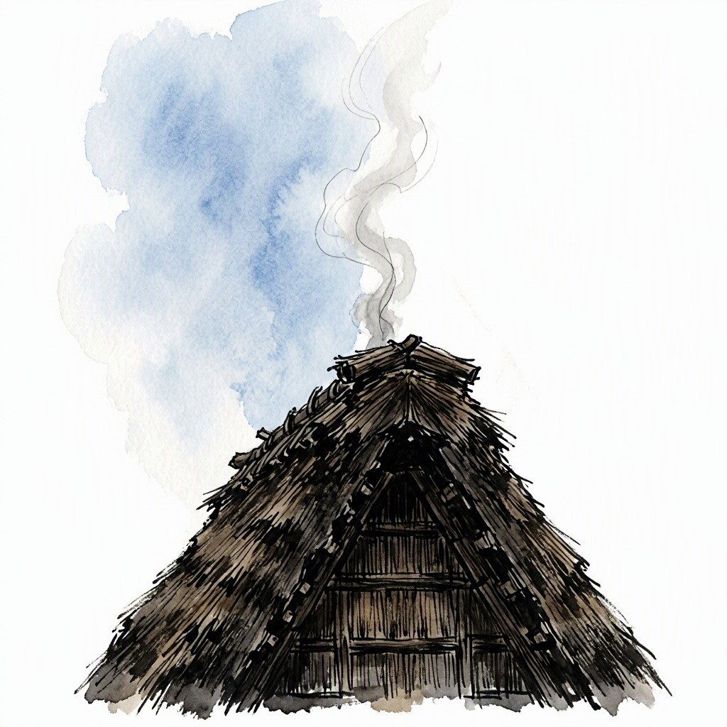 A thin wisp of grey smoke rising from the ridge of a thatch gassho roof at dusk, the sky a deepening blue behind it