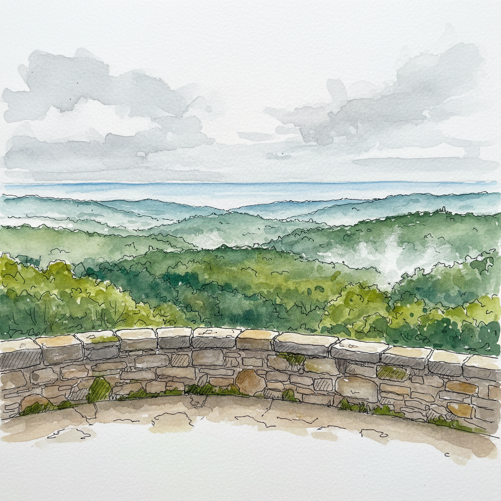 View from the Moorish Castle ramparts — stone wall in foreground, Sintra forest and Atlantic coast in the distance under a cloudy sky