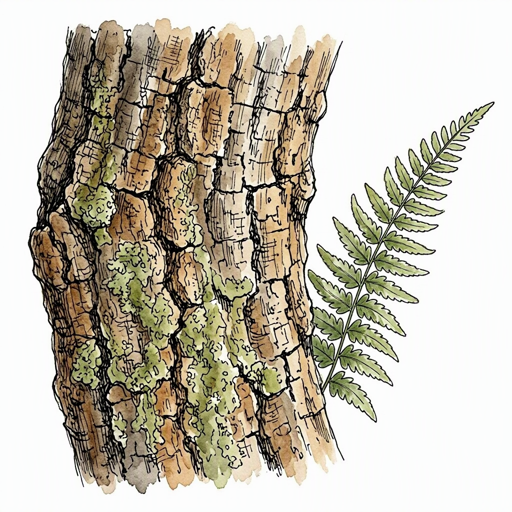 Cork oak bark close-up with moss and a fern frond in the Pena Park forest