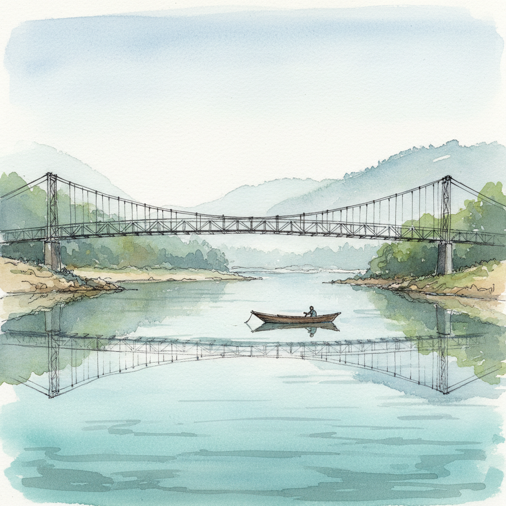 A loose watercolor sketch of the old Dawki suspension bridge arching over the Umngot River, with a wooden boat drifting on the glass-clear water, the hills of Meghalaya in the distance under a humid grey sky.
