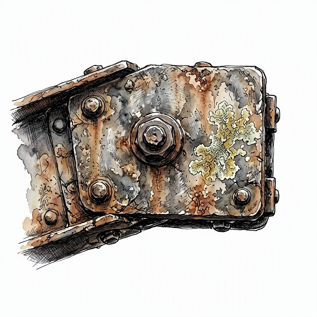 An ink spot drawing of the steel cables and joints of the old suspension bridge in Dawki, with a light watercolour wash of rust brown on the metal plates.