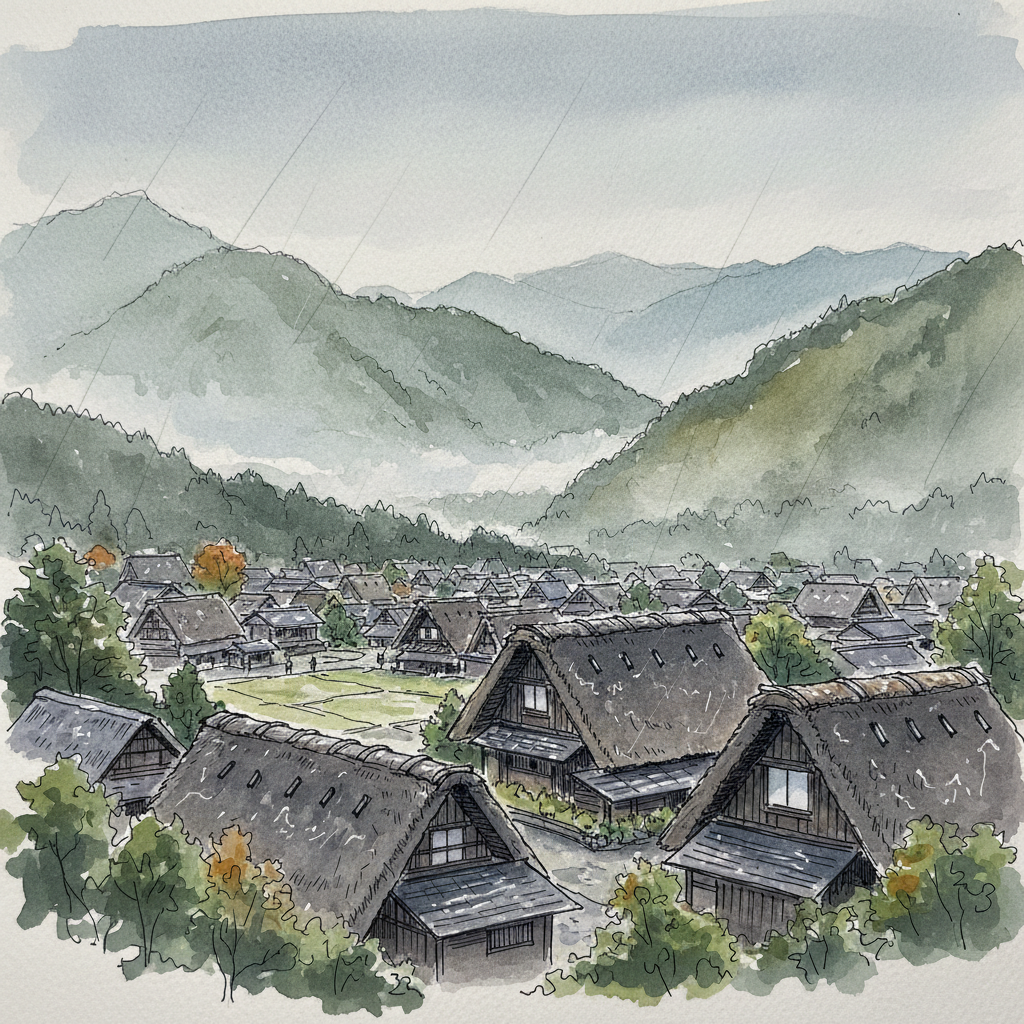 Looking down over gassho-zukuri roofs from the Shiroyama observation deck on a rainy September morning — dark wet thatch, mist in the Shogawa valley, layered mountains in grey-green and blue