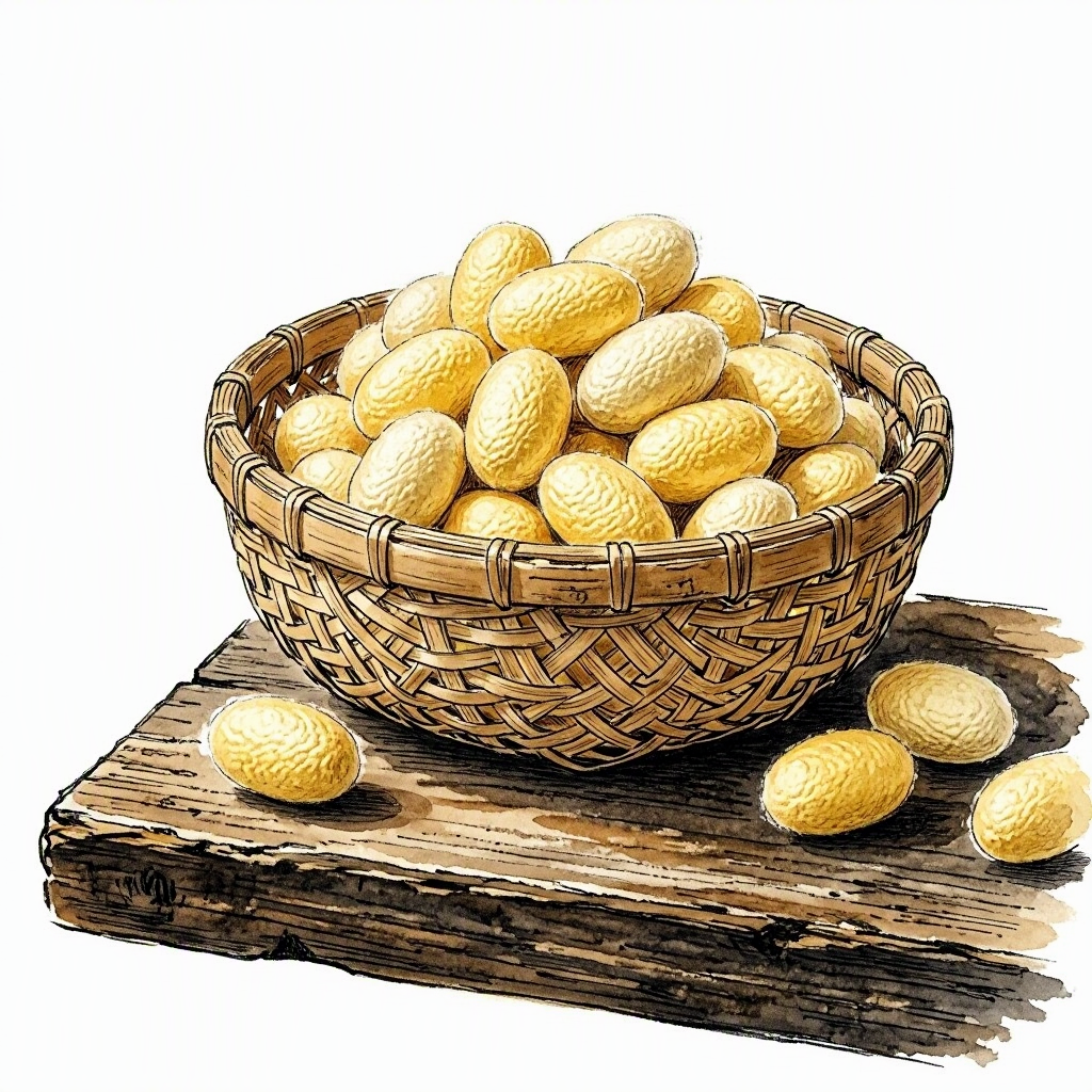 A small woven bamboo basket filled with pale yellow silkworm cocoons, resting on a dark wooden shelf in a traditional farmhouse attic, a few loose cocoons beside it