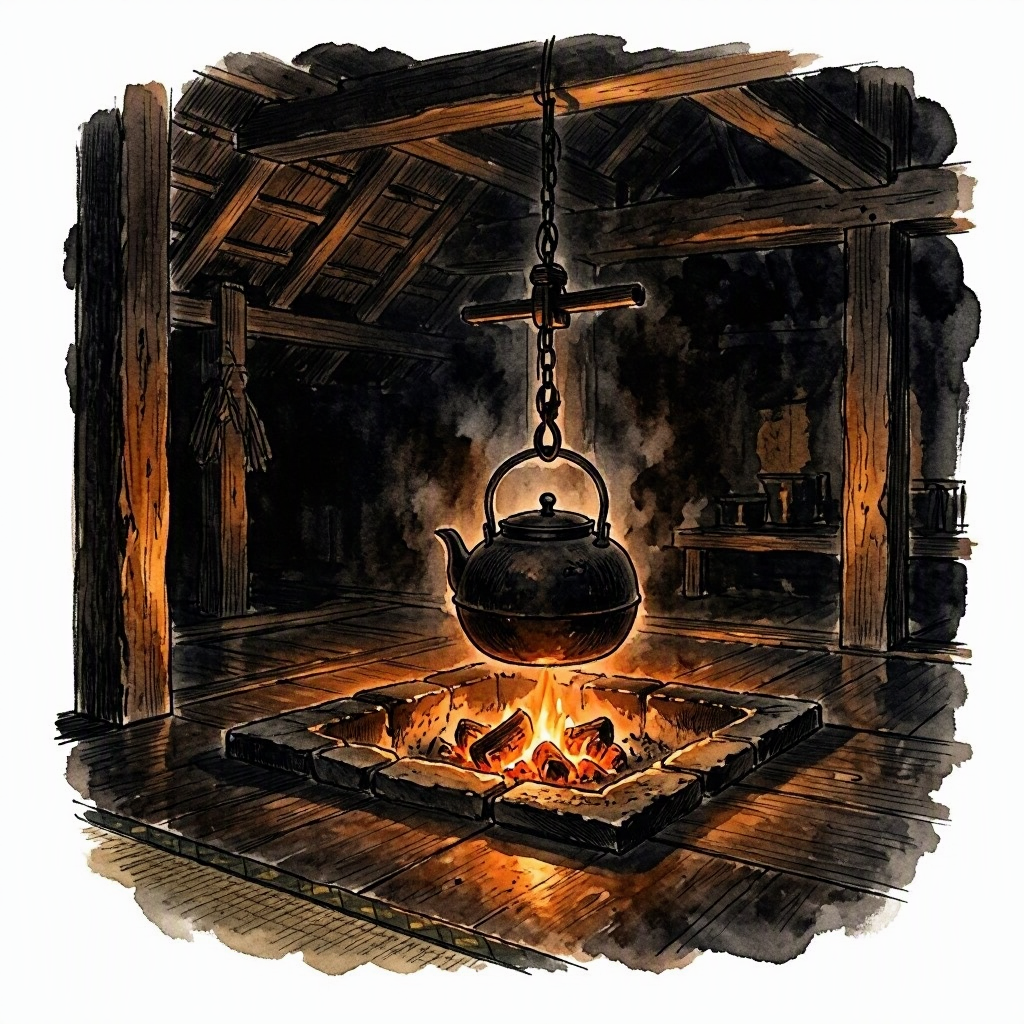 A traditional irori hearth in a gassho house — glowing orange embers in a square pit in the floor, a black iron kettle hanging from a hook above, dark wooden floorboards around it, the room dim and shadowy beyond