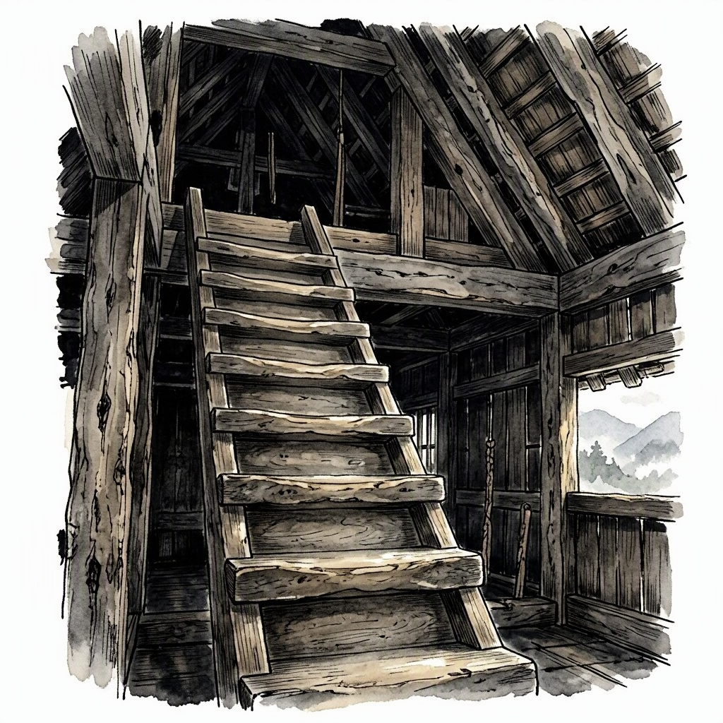 A steep wooden ladder-staircase inside a gassho house, the steps narrow and worn, rising into shadow towards a dim second-floor opening, the rough-hewn beams of the gassho roof frame visible overhead