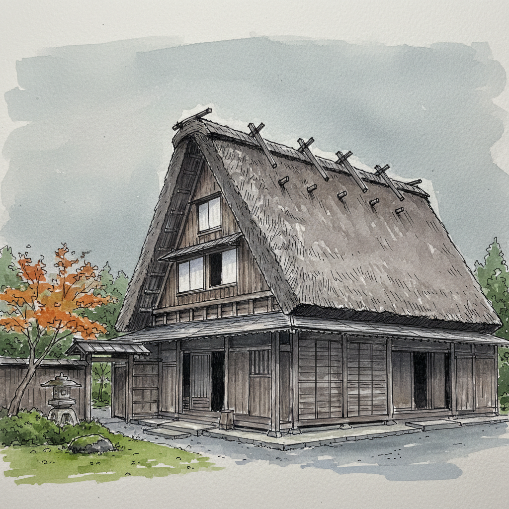 Wada House in Shirakawa-go — the largest gassho-zukuri farmhouse, its immense thatched roof dark with rain, wooden walls weathered grey, a small garden visible beyond the gate, autumn colours beginning in the maple beside it