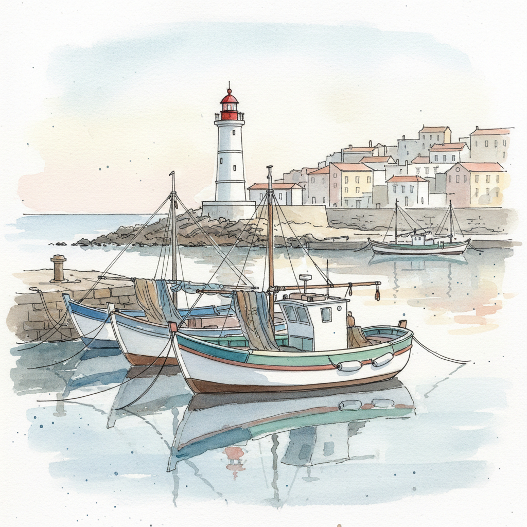 Cascais fishing harbour at dawn — colourful fishing boats moored in calm water, Santa Marta lighthouse beyond, the town rising in tiers behind the quay, in loose watercolour with fineliner