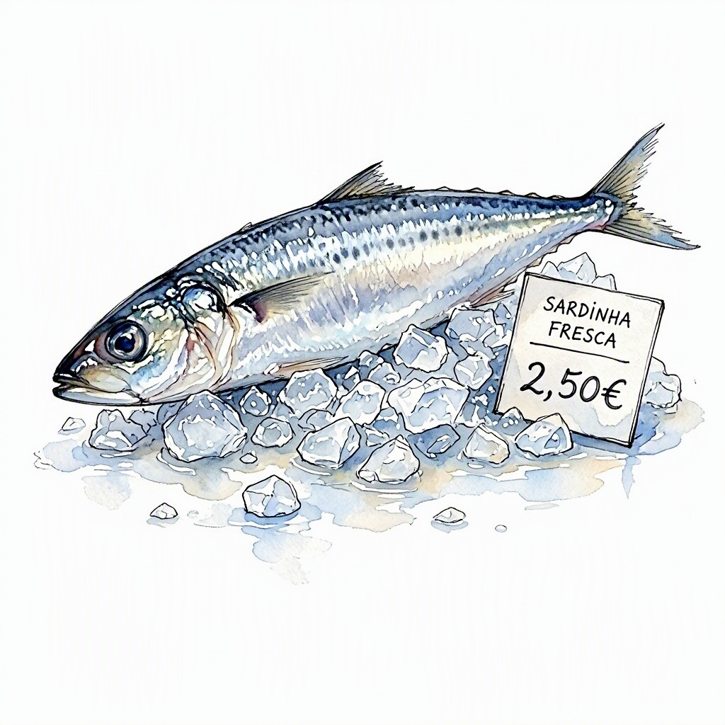A single sardine on crushed ice at the market with a handwritten price card