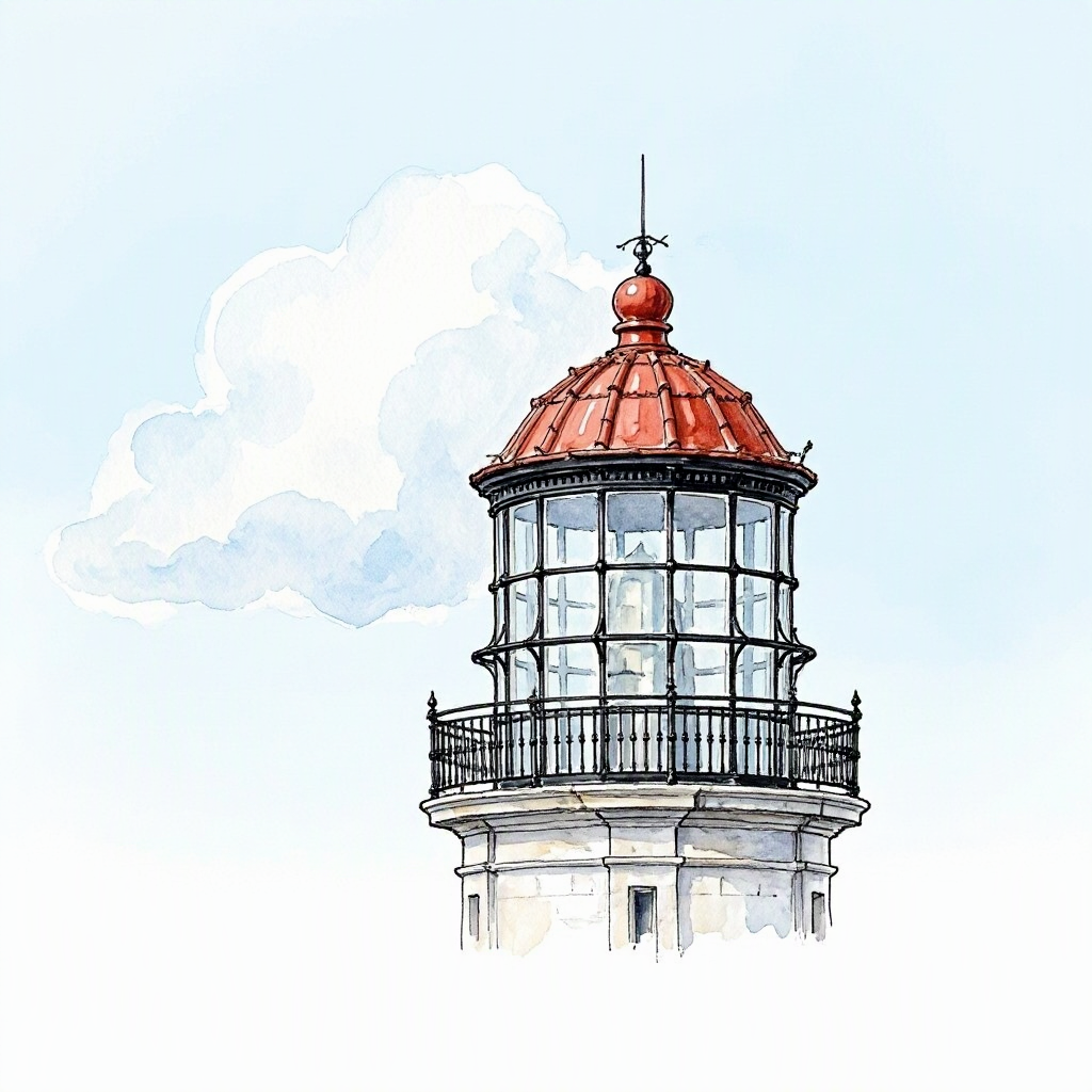 The red lantern roof of Santa Marta Lighthouse against a blue sky